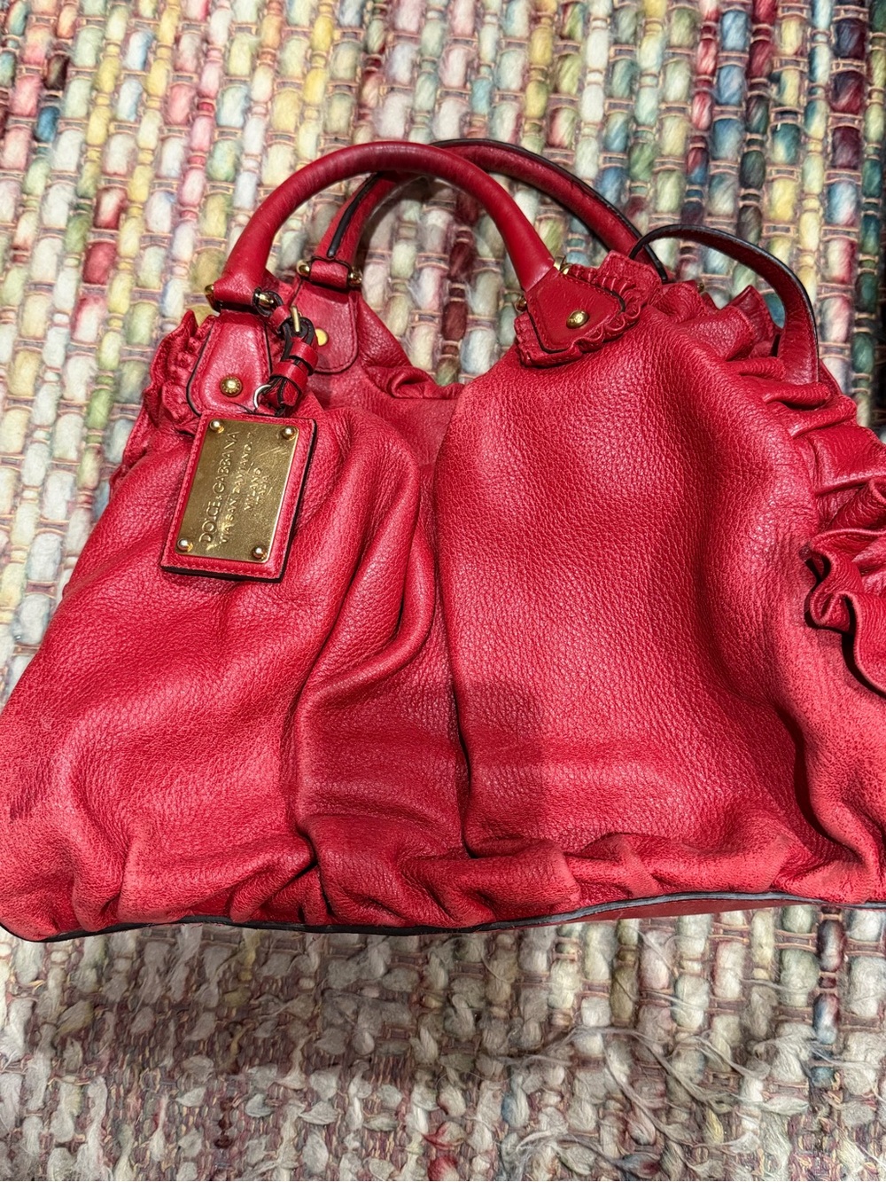 Dolce & Gabbana Red Pebbled Leather Ruffle Shoulder Bag